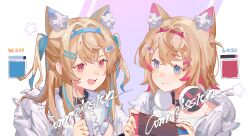  2girls absurdres animal_collar animal_ear_fluff animal_ears bandaid bandaid_hair_ornament black_collar blonde_hair blue_eyes blue_hairband blue_streaks closed_mouth collar commission crossed_bangs dog_ears dog_girl double-parted_bangs fake_horns fang fuwawa_abyssgard hair_intakes hair_ornament hairband hairclip handheld_game_console hashtag-only_commentary headphones headphones_around_neck highres holding holding_handheld_game_console hololive hololive_english horn_hairband horns long_hair looking_at_another mococo_abyssgard multicolored_hair multiple_girls nintendo_switch open_mouth parallel_hairclips pink_eyes pink_hairband pink_streaks pyyuu short_hair siblings sisters skin_fang smile streaked_hair twins vgen_commission virtual_youtuber x_hair_ornament 