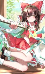  1girl ascot blush bow brown_eyes brown_hair brown_shoes closed_mouth commentary_request detached_sleeves frilled_bow frilled_skirt frills gohei hair_bow hair_tubes hakurei_reimu highres holding holding_gohei loafers long_hair looking_at_viewer navel red_bow red_skirt ribbon-trimmed_sleeves ribbon_trim shoes skirt skirt_set socks solo sweatdrop touhou tsubakiharuki white_socks yellow_ascot 