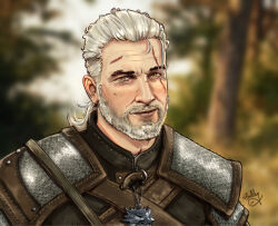 1boy amys2885 beard blurry blurry_background brown_eyes commentary depth_of_field english_commentary facial_hair forest geralt_of_rivia grey_hair highres looking_at_viewer nature outdoors portrait scar scar_across_eye scar_on_face signature solo the_witcher_(series) the_witcher_3 tree witcher_medallion 