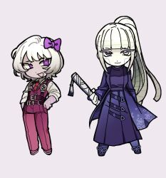  2girls albina_(project_moon) black_hakama black_shirt blue_coat bow cable_hair chest_harness closed_mouth coat colored_skin commentary cosplay english_commentary full_body hair_bow hakama harness highres holding holding_sword holding_weapon japanese_clothes katana kira_(project_moon) limbus_company lucio_(project_moon) lucio_(project_moon)_(cosplay) multiple_girls necktie open_mouth pants pink_pants pink_vest project_moon purple_bow red_necktie ren_(project_moon) ren_(project_moon)_(cosplay) seams shirt simple_background smile sword twobillionwasps vest violet_eyes weapon white_background white_shirt white_skin 