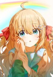  1girl 1other ahoge blue_eyes blue_sailor_collar bow bowtie brown_hair cardigan green_bow green_bowtie hair_between_eyes hair_ornament hair_ribbon hand_on_another's_cheek hand_on_another's_face hashtag-only_commentary heart heart_hair_ornament highres long_hair looking_at_viewer neuro-sama parted_lips pov rainbow red_ribbon ribbon sailor_collar two_side_up upper_body vedal_ai virtual_youtuber xiehuang_fenzhengrou yellow_cardigan 