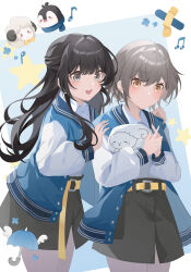 2girls :d absurdres alternate_costume bandaid bang_dream! belt bird black_hair black_skirt blue_jacket blush brown_eyes closed_mouth collared_shirt cowboy_shot earrings grey_eyes grey_hair hair_between_eyes hand_on_another's_shoulder hands_on_another's_shoulders highres holding incredibly_absurdres jacket jewelry long_hair long_sleeves looking_at_viewer multiple_girls musical_note open_clothes open_jacket open_mouth pantyhose pearl_earrings penguin puffy_long_sleeves puffy_sleeves sheep shirt shirt_tucked_in short_hair shorts skirt smile standing star_(symbol) takamatsu_tomori umbrella white_shirt yellow_belt yellow_eyes yinranluo youmiya_hina 