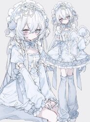  1girl blue_bow blue_dress blue_leg_warmers blush bow cleavage_cutout closed_mouth clothing_cutout commentary detached_sleeves dot_mouth dress frilled_dress frills grey_background hair_between_eyes hair_ornament head_tilt heterochromia holding holding_pillow leg_warmers lolita_fashion long_hair looking_at_viewer maid_headdress mi_398 multiple_views original pillow simple_background symbol-only_commentary tenshi_kaiwai two_side_up white_hair 