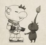  1boy big_nose buttons closed_eyes commentary_request from_behind full_body gloves grey_background greyscale height_difference leaf looking_at_another monochrome naru_(wish_field) no_headwear olimar parted_lips patch pikmin_(creature) pikmin_(series) pointy_ears purple_pikmin shadow short_hair spacesuit very_short_hair 