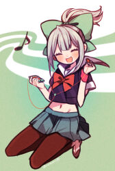  1girl blue_skirt blush bow brown_pantyhose closed_eyes crop_top earphones green_bow hair_bow holding holding_mp3_player kantai_collection kneeling listening_to_music midriff miniskirt mp3_player musical_note natsumi_(natumi06) navel open_mouth pantyhose pleated_skirt ponytail shoes short_sleeves skirt solo twitter_username two-tone_background wristband yuubari_(kancolle) 