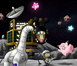  aqua_eyes artist_name black_eyes blush blush_stickers bright_pupils clefairy clothed_pokemon commentary elgyem english_commentary fang farigiraf floating helioptile highres lunar_lander midair minior minior_(blue_core) minior_(core) minior_(meteor) minior_(red_core) no_humans nostrils on_moon open_mouth pokemon pokemon_(creature) pokemon_focus radar_dish shadow sharp_teeth smile space spacecraft spacesuit star_(sky) teeth thecalendork watermark white_pupils 