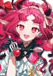  1girl :d arknights black_gloves bright_pupils cherry commentary diamond-shaped_pupils diamond_(shape) food fork fruit gloves grey_hairband grey_ribbon hairband hand_up highres holding holding_fork key light_blush long_hair looking_at_viewer nymph_(arknights) open_mouth penpen_gin2 pink_hair pointy_ears red_eyes shirt smile solo spoon symbol-shaped_pupils upper_body white_pupils white_shirt 