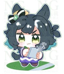  animal_ears blush breasts commentary_request gloves green_eyes green_hair hat horse_ears horse_girl horse_tail kiseki_(miracle_author)_(umamusume) kiseki_(umamusume) large_breasts medium_hair open_mouth pen shorts simple_background tagme tail thighs tkmt3690 umamusume white_background 