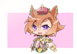  1girl :d beer_hsk brown_hair commentary_request cropped_torso crown hair_between_eyes mini_crown pink_background puffy_short_sleeves puffy_sleeves shirt short_sleeves smile solo t.m._opera_o_(o_sole_suo!)_(umamusume) t.m._opera_o_(umamusume) two-tone_background umamusume upper_body violet_eyes white_background white_shirt 