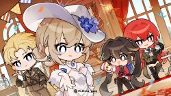  1boy 3girls absurdres artist_name bianca:_crepuscule_(pgr) bianca_(pgr) black_hair black_pantyhose black_shorts blonde_hair blue_eyes blue_flower breasts bright_pupils brown_coat brown_jacket character_doll chibi chibi_only chrome_(pgr) coat commandant_(pgr) confetti cup doll dress drinking_glass dutch_angle feather_boa flower gloves hat hat_flower highres holding holding_cup holding_party_popper indoors jacket lihua_luoling lucia_(pgr) medium_breasts multiple_girls offering_hand open_mouth pantyhose party_popper punishing:_gray_raven red_dress red_hair shorts sitting smile twintails vera_(pgr) white_dress white_gloves white_hat white_pupils 