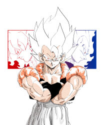  3boys artist_name aura black_jacket closed_mouth crossed_arms dragon_ball dragon_ball_z fenyon gogeta highres jacket looking_at_viewer male_focus multiple_boys muscular muscular_male open_clothes open_jacket pants red_eyes sash serious short_hair son_goku spiky_hair super_saiyan super_saiyan_1 toriyama_akira_(style) vegeta white_hair white_pants white_sash wristband 