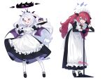  2girls @_@ apron beko_(beco_1122) blue_archive bow demon_horns demon_wings dress grey_eyes halo highres hina_(blue_archive) horns iroha_(blue_archive) long_dress maid maid_apron maid_headdress multiple_girls multiple_horns redhead violet_eyes white_apron white_background white_hair wings 