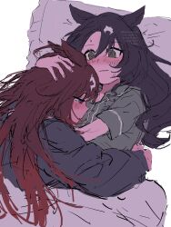  2girls @_@ absurdres alternate_costume alternate_hairstyle animal_ears baryumejuya black_hair blue_eyes brown_hair crying duramente_(umamusume) english_commentary green_eyes hair_between_eyes hand_on_another's_head headpat highres horse_ears horse_girl hug long_hair long_sleeves multicolored_hair multiple_girls pajamas satono_crown_(umamusume) short_sleeves umamusume waking_up white_hair 