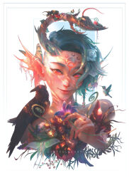  1girl absurdres artist_name bare_shoulders beetle bird bug butterfly closed_mouth collarbone commentary crow earrings english_commentary eyelashes fantasy fins flower forehead_tattoo gills green_hair hair_flower hair_ornament head_fins highres holding holding_flower horns jewelry kolibri ladybug leaf lips looking_at_viewer mouse_(animal) nose original paul_nong pink_nails portrait red_eyes short_hair signature single_horn smile solo tattoo white_background 