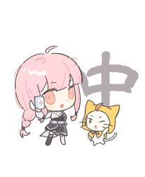  1girl ahoge asymmetrical_sleeves bead_necklace beads belt black_boots black_hanfu blunt_bangs boots bow bowtie braid brown_eyes chibi chinese_clothes cloak dot_nose ear_covers hair_tubes hand_on_own_hip hanfu hao_xintai_bingkuai happy holding holding_mahjong_tile hood hood_up hooded_cloak infinity_nikki jewelry long_hair long_sleeves low-tied_long_hair low-tied_sidelocks mahjong_tile mismatched_boots mismatched_sleeves momo_(nikki) necklace nikki_(nikki) nikki_(series) one_eye_closed open_mouth orange_bow orange_bowtie pawpads pink_hair puffy_long_sleeves puffy_sleeves sidelocks simple_background single_braid smile traditional_bowtie very_long_hair waving whiskers white_background white_belt white_boots white_sleeves yellow_cloak 