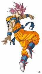 1boy blue_boots blue_sash blue_shirt boots commentary_request dougi dragon_ball fingernails full_body hashtag-only_commentary highres jumpsuit kakeru_(dbskakeru) looking_at_viewer male_focus orange_jumpsuit pink_eyes pink_hair sash shirt short_sleeves simple_background sleeveless_jumpsuit solo son_goku spiky_hair super_saiyan super_saiyan_god toriyama_akira_(style) waist_sash white_background 