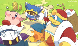  bandana bandana_waddle_dee blue_bandana blue_eyes closed_mouth coat commentary_request happy holding holding_mallet king_dedede kirby kirby_(series) magolor mallet meta_knight no_humans one_eye_closed path polearm rayman_limbs red_coat roku_(rokkrn) shoulder_pads solid_oval_eyes spear weapon yellow_eyes 