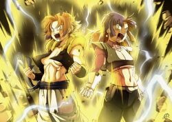  2girls abs armor aura baggy_pants belt benoit_picard black_background black_pants black_vest blue_eyes bra_(dragon_ball) breastplate breasts clenched_hands commentary cropped_shirt cropped_vest debris dragon_ball dragon_ball_multiverse earrings electricity english_commentary feet_out_of_frame fusion gauntlets gradient_hair green_eyes holster jewelry lightning long_hair looking_at_viewer martial_arts_belt mechanical_gloves metamoran_vest midriff multicolored_hair multiple_girls muscular muscular_female navel open_mouth orange_hair pants phipsil_(dragon_ball_multiverse) pink_shirt potara_earrings power_armor powering_up purple_hair shirt short_hair shoulder_armor sidelocks small_breasts topless_female under_boob vest white_pants yellow_aura 