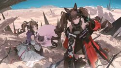  >_< 2girls :| angelina_(arknights) animal_ears ardelia_(arknights) arknights arknights:_endfield baby_animal bare_shoulders belt black_gloves black_thighhighs blue_sky bracelet breasts brown_hair closed_mouth coat commentary_request day detached_sleeves dot_nose dress drill_hair drill_ponytail elbow_gloves floating_hair floating_hairn fox_ears fox_girl from_behind full_body gilberta_(arknights) gloves grey_dress grey_horns hand_up high_belt high_collar highres holding holding_staff horns infection_monitor_(arknights) jewelry lamb little_black_sheep_(arknights) long_sidelocks looking_at_viewer looking_to_the_side medium_breasts multiple_girls off_shoulder open_clothes open_coat originium_(arknights) outdoors purple_shirt red_coat rock scenery serious shading_eyes sheep sheep_ears sheep_girl sheep_horns shirt sidelocks sitting skirt sky sleeveless sleeveless_dress staff standing thigh-highs twintails uki_atsuya white_skirt zettai_ryouiki 