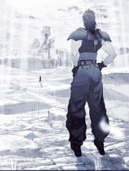  2b_fff 2boys armor baggy_pants belt black_boots black_hair boots buster_sword cloud_strife commentary crisis_core:_final_fantasy_vii dragging english_commentary facing_another final_fantasy final_fantasy_vii from_behind full_body hair_slicked_back hands_on_own_hips holding holding_sword holding_weapon looking_at_another male_focus medium_hair monochrome multiple_belts multiple_boys outdoors pants pauldrons shoulder_armor sleeveless sleeveless_turtleneck sunlight suspenders sword turtleneck weapon zack_fair 