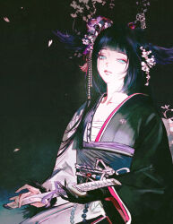  1girl arknights beads black_hair black_kimono black_sash blue_eyes blunt_bangs cherry_blossoms chest_sarashi collarbone cropped flower gradient_hair hair_flower hair_ornament hair_wings highres holding holding_weapon huangdanlan japanese_clothes kimono long_hair long_sidelocks long_sleeves looking_at_viewer makeup mio_(arknights) multicolored_hair obi obiage obijime petals pink_flower sarashi sash seiza sidelocks single_extra_arm sitting solo sword two-tone_kimono very_long_hair very_long_sidelocks wakizashi weapon white_kimono wide_sleeves 