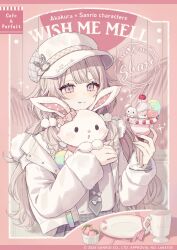 1girl 1other :o akakura artist_name blunt_bangs blush bow bunny cafe character_doll character_name cherry cup fur-trimmed_jacket fur-trimmed_sleeves fur_trim hair_ornament hat hat_ornament highres holding_animal holding_cup holding_food holding_glass holding_rabbit jacket long_hair long_sleeves necktie parfait pink_bow pink_ribbon plaid plaid_skirt plate pleated_skirt pom_pom_(clothes) pom_pom_hair_ornament purple_eyes rabbit ribbon sanrio skirt strawberry tongue tongue_out twintails white_hair wish_me_mell