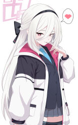  1girl :p absurdres arm_at_side black_bow black_hairband black_suit black_thighhighs blue_archive blue_necktie blush bow bright_pupils closed_mouth collared_shirt commentary cowboy_shot double-parted_bangs grey_skirt hair_between_eyes hair_bow hairband half_updo halo hand_up heart highres hiroponponm index_finger_raised jacket kei_(blue_archive) kei_(new_body)_(blue_archive) long_hair long_hair_between_eyes long_sleeves miniskirt necktie open_clothes open_jacket pink_halo pleated_skirt rectangular_halo red_eyes ringed_eyes seductive_smile shirt simple_background skirt smile solo speech_bubble spoken_heart straight_hair suit thigh-highs tongue tongue_out tsurime very_long_hair white_background white_hair white_jacket white_pupils white_shirt zettai_ryouiki 