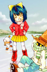  1boy 1girl ^_^ alternate_costume bad_id blue_hair blue_pants bow brown_horns closed_eyes clouds commentary_request creature eiko_carol final_fantasy final_fantasy_ix grin hair_bow hand_on_own_head hands_on_own_hips hat horns ice_skates ice_skating jacket lowres miniskirt mittens mog moogle orange_hat outdoors pants pantyhose pleated_skirt red_jacket saikachi_(ogre_tree) scarf short_hair single_horn sitting skates skating skirt smile solid_circle_eyes striped_clothes striped_mittens striped_scarf sweater teeth vivi_ornitier white_pantyhose white_sweater winter_clothes witch_hat yellow_bow yellow_eyes yellow_skirt 