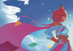  1girl absurdres animal_ears armor blue_sky breasts cape closed_mouth clouds crown fingerless_gloves gloves gold_corset hair_between_eyes highres horse_ears horse_girl jewelry long_sleeves mini_crown multiple_rings orange_hair pink_cape pink_crown ring shirt short_hair shoulder_armor skirt sky smile solo sparkle szar0918 t.m._opera_o_(o_sole_suo!)_(umamusume) t.m._opera_o_(umamusume) two-tone_skirt umamusume violet_eyes white_gloves white_shirt 