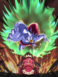  claws colored_skin commentary_request cosplay dragon_ball dragon_ball_super dragon_ball_super_broly gem groudon highres lava long_legs m_s_paragus mega_pokemon mega_starmie muscular no_eyes no_humans parody pokemon pokemon_(creature) pokemon_focus pokemon_legends:_z-a primal_groudon purple_skin red_gem scene_reference spikes standing starfish starmie 