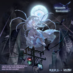  1girl akiakane bird black_eyes black_lips black_sky bone boots building closed_mouth clouds crow demon_girl demon_horns dress expressionless floating_clothes floating_hair frilled_anklet frilled_dress frills from_behind full_body full_moon gothic_lolita gown hair_intakes high_heel_boots high_heels holding holding_umbrella horns juliet_sleeves lipstick lolita_fashion long_dress long_hair long_sleeves looking_at_viewer makeup miracle_nikki moon moonlit_remains_(miracle_nikki) night nikki_(series) official_art one_eye_closed outdoors parasol power_lines puffy_sleeves skeletal_tail skeletal_wings sky skyscraper solo straight_hair tail third-party_source traffic_light umbrella umbrella_over_shoulder very_long_hair white_boots white_dress white_hair white_horns white_umbrella wind wings 
