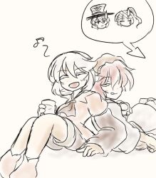  2others ^_^ adagumo_no_yaorochi alcohol androgynous annoyed apron arrow_(symbol) ascot back-to-back bad_id bad_pixiv_id black_kimono black_shorts blue_kimono boots brown_ascot brown_boots brown_coat brown_hakama brown_helmet closed_eyes closed_mouth coat collared_coat cowboy_shot cup dot_nose drink drinking_glass drunk enraku_tsubakura eye_of_senri frilled_apron frills full_body hair_between_eyes hakama hakama_short_skirt hakama_skirt happy helmet holding holding_drink houlen_yabusame image_sample jandare japanese_clothes katano_sukune kimono knees_up lapels layered_sleeves len'en licking_lips long_sleeves medium_hair multiple_others musical_note notched_lapels open_mouth other_focus pixiv_sample puffy_short_sleeves puffy_sleeves red_hair sake shadow short_kimono short_over_long_sleeves short_sleeves shorts simple_background sitting skirt sleeves_past_wrists smile speech_bubble spoken_character spoken_musical_note tongue tongue_out waist_apron white_apron white_background white_hair wide_sleeves 