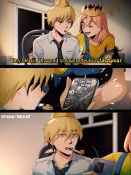  ... 1boy 1girl black_necktie blonde_hair blue_overalls blurry blurry_background brown_eyes cellphone chainsaw_man chair collared_shirt cross-shaped_pupils crown demon_girl denji_(chainsaw_man) dirty english_text furrowed_brow hair_between_eyes happy_new_year hat highres holding holding_phone horns indoors instrument kazoo long_hair looking_at_another looking_at_phone necktie one_eye_closed opalis open_mouth orange_eyes overalls party_hat patreon_username pennant phone power_(chainsaw_man) red_horns shaded_face sharp_teeth shirt short_hair sitting smartphone smile strap_slip symbol-shaped_pupils teeth white_shirt yellow_shirt 