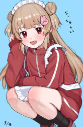  1girl absurdres apron black_socks blue_background commentary_request dated double_bun fang hair_bun hair_ornament highres jacket long_hair looking_at_viewer maid_headdress natori_sana natori_sana_(jersey) okaki8130 open_mouth rabbit_hair_ornament red_eyes red_jacket red_shorts sana_channel shoes shorts simple_background skin_fang socks solo squatting track_jacket translation_request virtual_youtuber white_apron 