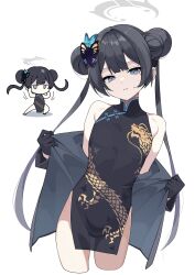  1girl black_coat black_dress black_gloves black_hair blue_archive butterfly_hair_ornament chibi china_dress chinese_clothes coat commentary_request covered_navel double_bun dragon_print dress flat_chest gloves grey_eyes hair_bun hair_ornament halo highres jacket jacket_partially_removed kisaki_(blue_archive) kotomuke_fuurin long_hair long_sleeves looking_at_viewer side_slit simple_background sleeveless sleeveless_dress solo white_background 