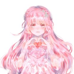  1girl absurdres braid brown_eyes chinese_commentary colored_eyelashes commentary_request cowboy_shot dress hair_ornament half_up_braid happy heart heart_hands highres lace-trimmed_dress lace_trim light_blush light_particles long_hair long_sleeves muriel_miaoke nikki_(nikki) nikki_(series) open_mouth pink_dress pink_hair print_dress shining_nikki simple_background smile solo standing star_(symbol) star_hair_ornament star_print straight-on tareme three-quarter_sleeves twin_braids twinkle_twinkle_(shining_nikki) very_long_hair wavy_hair white_background 