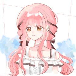  1girl absurdres black_ribbon blush_stickers brown_eyes buttons center_frills choker closed_mouth clothing_cutout collarbone cropped_torso eyelashes frilled_shirt frilled_sleeves frills hair_ribbon happy highres infinity_nikki lips long_hair looking_ahead low_twintails nikki_(nikki) nikki_(series) perfect_start_(infinity_nikki) pink_choker pink_hair pink_lips ribbon shirt short_sleeves shoulder_cutout single_stripe smile snowflakes solo square_neckline striped_choker tress_ribbon twintails very_long_hair white_background white_shirt ya!_fanqie 