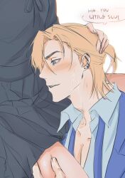  1boy blonde_hair blue_eyes blue_jacket blue_necktie blue_shirt collared_shirt dark_skin degrees_of_lewdity earrings english_text hand_on_another's_head jacket jewelry necktie open_clothes open_jacket pleated_skirt shirt skirt speech_bubble undone_necktie utu310 whitney_(degrees_of_lewdity) whitney_(male)_(degrees_of_lewdity) 