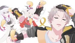  1boy 2girls arm_up bare_shoulders belt beret black-framed_eyewear black_belt black_choker black_coat black_gloves black_hat black_shirt black_shorts bow breasts caelus_(honkai:_star_rail) choker clipboard closed_eyes closed_mouth clothing_cutout coat collarbone colored_inner_hair commentary cowboy_shot crossed_arms empty_eyes english_commentary fingerless_gloves fingernails glasses gloves grey_hair grey_skirt grey_vest hair_between_eyes half-closed_eyes hand_on_own_head hand_up happy hat hat_bow holding holding_clipboard holding_ticket honkai:_star_rail honkai_(series) hood hooded_coat jacket lapels long_hair long_sleeves looking_at_another medium_breasts meme mini_hat multicolored_hair multiple_girls naoya_hitting_choso_without_looking_(meme) nihilux_(honkai:_star_rail) no_pupils open_clothes open_coat open_mouth puffy_long_sleeves puffy_sleeves purple_hair red_jacket sailor_collar semi-rimless_eyewear shirt short_hair shorts shoulder_cutout simple_background skirt smile sparkle_(honkai:_star_rail) sparxie_(honkai:_star_rail) standing star_rail_special_pass_(honkai:_star_rail) t-shirt teeth thevarnese throwing ticket top_hat trailblazer_(honkai:_star_rail) twintails two-sided_coat two-sided_fabric upper_body vest violet_eyes white_background white_bow white_hair white_jacket white_shirt yellow_coat 