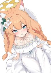  1girl animal_ear_fluff animal_ears bare_shoulders blue_archive blue_eyes bracelet cat_ears commentary_request dress feet_out_of_frame flower hair_flower hair_ornament halo highres jewelry light_blush looking_at_viewer mari_(blue_archive) orange_hair simple_background sitting solo white_background white_dress yellow_halo zarashi 