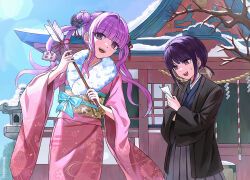  1boy 1girl alternate_costume aqua_bow architecture arrow_(projectile) bare_tree black_bow black_haori blue_kimono blue_sky bow brother_and_sister colored_inner_hair commentary_request day double_bun east_asian_architecture eyelashes fur-trimmed_kimono fur_trim grey_hakama hair_bow hair_bun hakama hamaya haori highres holding holding_arrow japanese_clothes kimono long_hair long_sleeves multicolored_hair new_year obi open_mouth outdoors pink_eyes pink_kimono purple_hair quad_tails red_ribbon ribbon rope sash shimenawa shrine siblings single_sidelock sky smile snow sumi_ringo the_hundred_line_-last_defense_academy- tree tsukumo_ima tsukumo_kako twins two-tone_hair white_hair wide_sleeves winter yellow_sash 