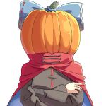  1girl black_jacket blue_bow bow cape commentary crossed_arms disembodied_head english_commentary headless highres jacket large_bow long_sleeves praeto pumpkin red_cape sekibanki simple_background solo touhou white_background 