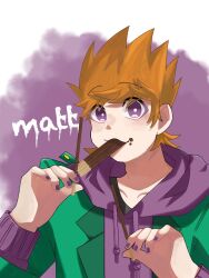  1boy :3 animification bad_id bad_twitter_id bright_pupils character_name drawstring eddsworld food food_in_mouth green_jacket hair_behind_ear holding holding_food hood hood_down hoodie jacket jpeg_artifacts long_sleeves looking_at_viewer male_focus matt_(eddsworld) open_clothes open_jacket orange_hair pocky purple_hoodie purple_nails short_hair simple_background smile solo spiky_hair teru_(teru_0705m) upper_body violet_eyes white_pupils 