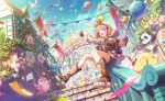 1girl balloon blush castle city cloud confetti day decorations dress flag holding_flag hot_air_balloon official_art ootori_emu open_mouth pink_eyes pink_hair plant plush project_sekai short_hair smile solo stairs windmill