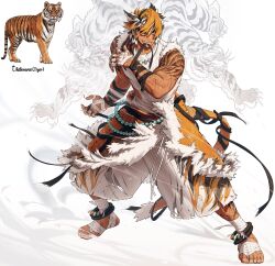  1boy animal anklet bandage_in_mouth bandaged_arm bandaged_foot bandaged_hand bandages belt biting black_belt black_hair bleeding blood blood_on_arm blood_on_bandages facial_hair fighting_stance flame_print full_body fur-trimmed_shirt fur_trim grin highres injury irezumi jewelry legs_apart looking_to_the_side male_focus multicolored_hair multicolored_pants muscular muscular_male necklace no_shoes orange_eyes orange_hair original pants pelt reference_inset rinotuna shirt short_hair shoulder_tattoo smile solo spiky_hair standing streaked_hair tail tattoo tiger tiger_boy tiger_pelt tiger_tail torn_clothes torn_pants torn_shirt white_background white_hair white_pants white_shirt 