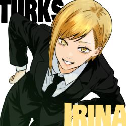  1girl asymmetrical_hair bent_over black_jacket black_necktie black_suit blonde_hair character_name commentary_request cowboy_shot dutch_angle elena_(ff7) final_fantasy final_fantasy_vii hands_on_own_hips highres isuke_(isuke_now) jacket necktie shirt short_hair solo suit suit_jacket white_shirt yellow_eyes 