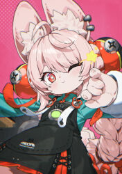  1girl absurdres ahoge animal_ear_fluff animal_ear_piercing animal_ears animal_hands apron black_apron black_dress blue_shirt braid bright_pupils chyko closed_mouth commentary_request dress furry furry_female hair_ornament highres long_hair looking_at_viewer one_eye_closed pink_background pink_hair rabbit_ears rabbit_girl red_eyes shirt smile solo sphere_hair_ornament star_(symbol) thick_eyebrows twin_braids white_pupils zenless_zone_zero zhao_(zenless_zone_zero) 