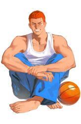  1boy ball bandaid bandaid_on_face basketball_(object) blue_pants buzz_cut commentary facing_viewer feet grin highres looking_at_viewer male_focus ndsoda no_shoes pants red_hair sakuragi_hanamichi short_hair sideburns signature simple_background sitting slam_dunk_(series) smile solo symbol-only_commentary tank_top toes very_short_hair white_background white_tank_top 