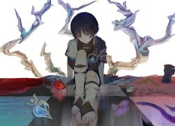  1boy anemo_symbol_(genshin_impact) animal_print animalization bare_tree between_legs bird_print black_bodysuit black_bridal_gauntlets black_cat black_hair black_shorts blood blood_on_ground blue_cape blue_gem blue_sleeves blunt_ends bodysuit branch bridal_gauntlets bright_pupils cable cape cat choppy_bangs closed_mouth commentary core expressionless eyeliner feathers fingernails furisode gem genshin_impact gnosis_(genshin_impact) gold gold_ring hage_80 hand_between_legs hand_on_ground head_tilt heart heart_(organ) highres japanese_clothes kimono knee_up layered_sleeves leg_warmers looking_at_viewer makeup male_focus middle_ring person_and_animalization pink_nails purple_rope red_eyeliner rope scaramouche_(cat)_(genshin_impact) scaramouche_(genshin_impact) short_sleeves shorts shoulder_peek sitting solo split_mouth symbol-only_commentary tile_floor tiles toeless_legwear toenails toes tree tsurime twitter_username violet_eyes wanderer_(genshin_impact) white_background white_leg_warmers white_pupils white_sleeves white_trim yellow_feathers 