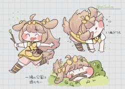  1girl ahoge animal_ears bag blush bow bowtie branch brown_hair butter_(trickcal) closed_eyes closed_mouth commentary_request dress fang highres holding holding_branch long_hair multiple_views open_mouth saadin-kan smile socks tongue tongue_out translation_request trickcal twitter_username yellow_bow yellow_bowtie yellow_dress 